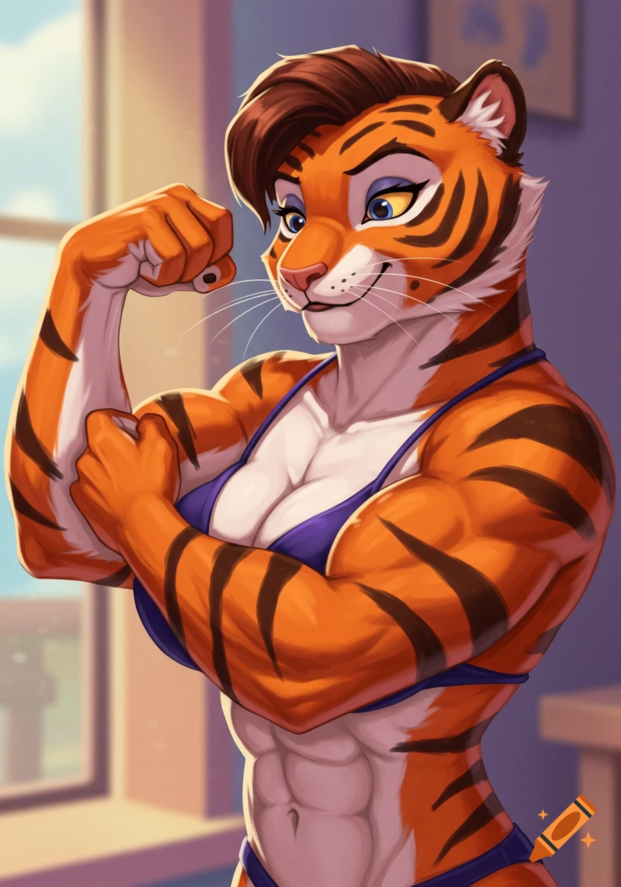An anthropomorphic female tiger character in a purple bikini flexing her muscular bicep, smiling confidently in a cartoon style.