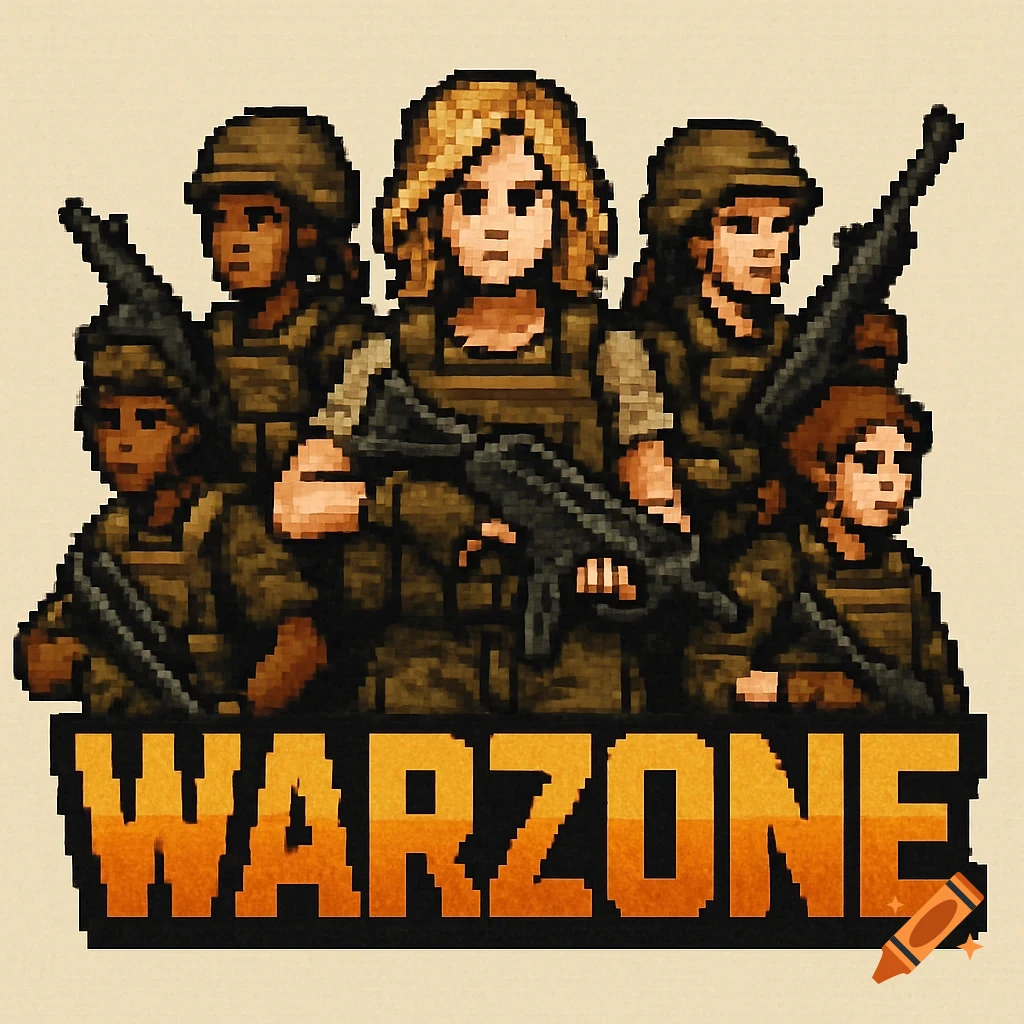 Pixel art logo featuring five female soldiers in military gear, with a blonde woman holding an SMG in the center. The word 'WARZONE' is written below them in pixelated orange text.