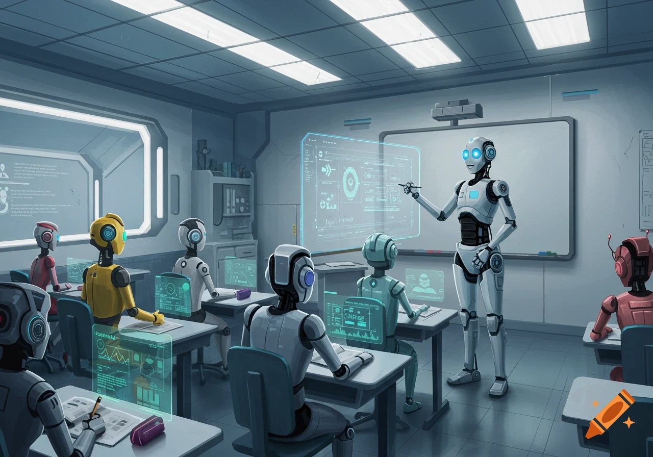 Robot teacher giving a lesson in a futuristic digital classroom filled with robot students.
