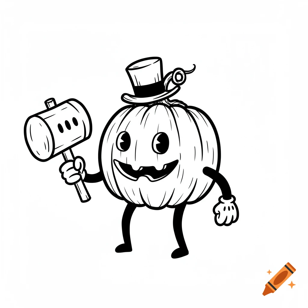 Black and white cartoon pumpkin character with a top hat, smiling jack-o'-lantern face, holding a hammer.