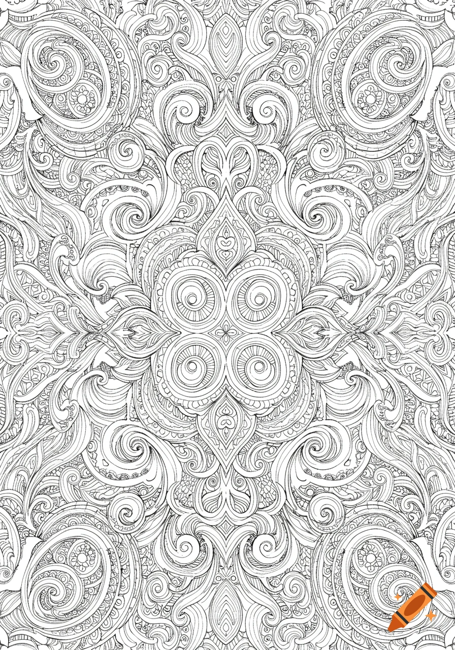 Intricate symmetrical abstract pattern with swirling lines and floral motifs in black and white, suitable for coloring.