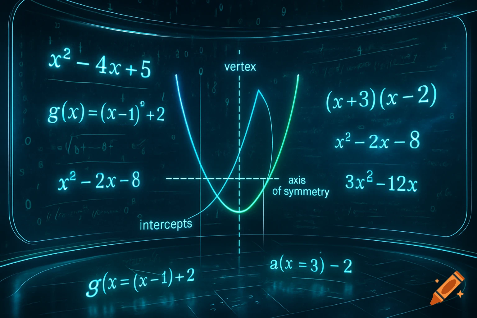A digital display with glowing blue and green quadratic equations and parabolic graphs, labeled with mathematical terms like vertex, axis of symmetry, and intercepts.