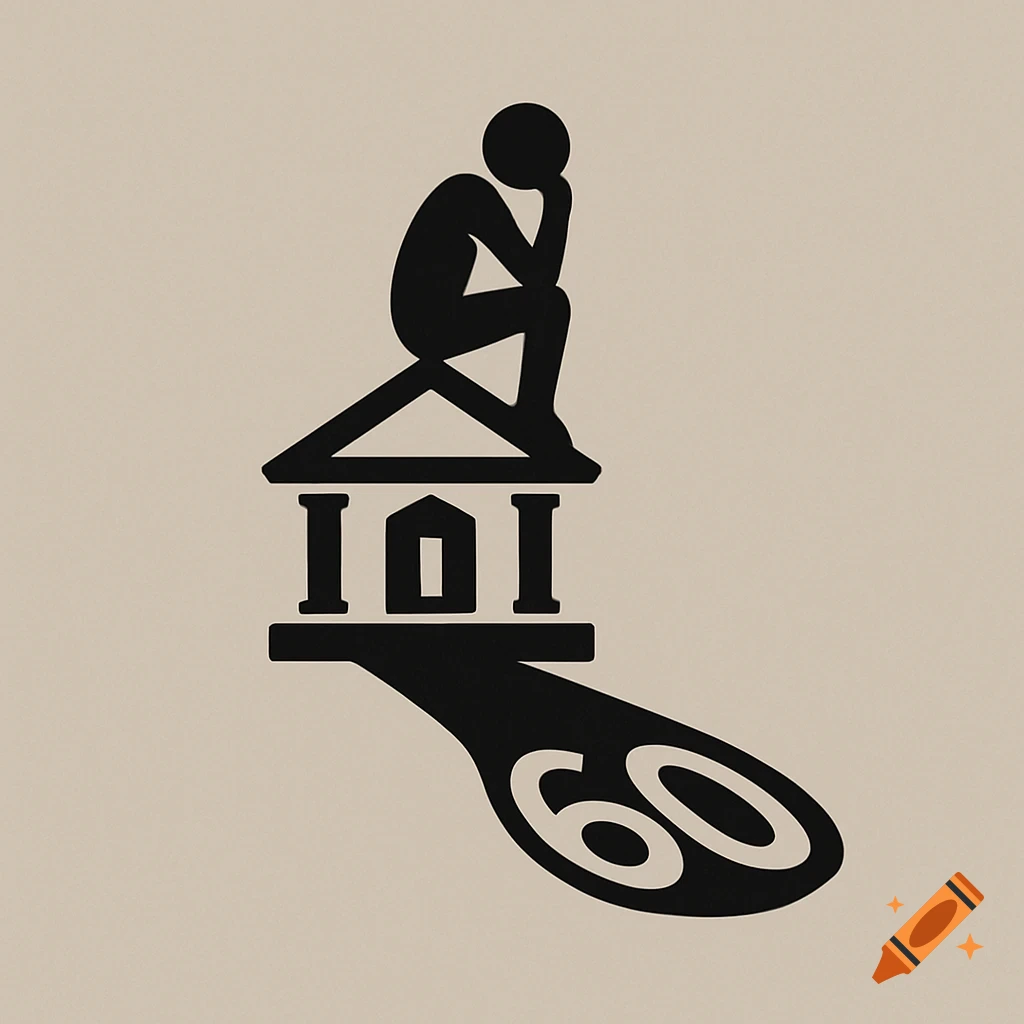 A black silhouette of a thinking stick figure sitting on a building, casting a shadow shaped like the number 60 on a light background.
