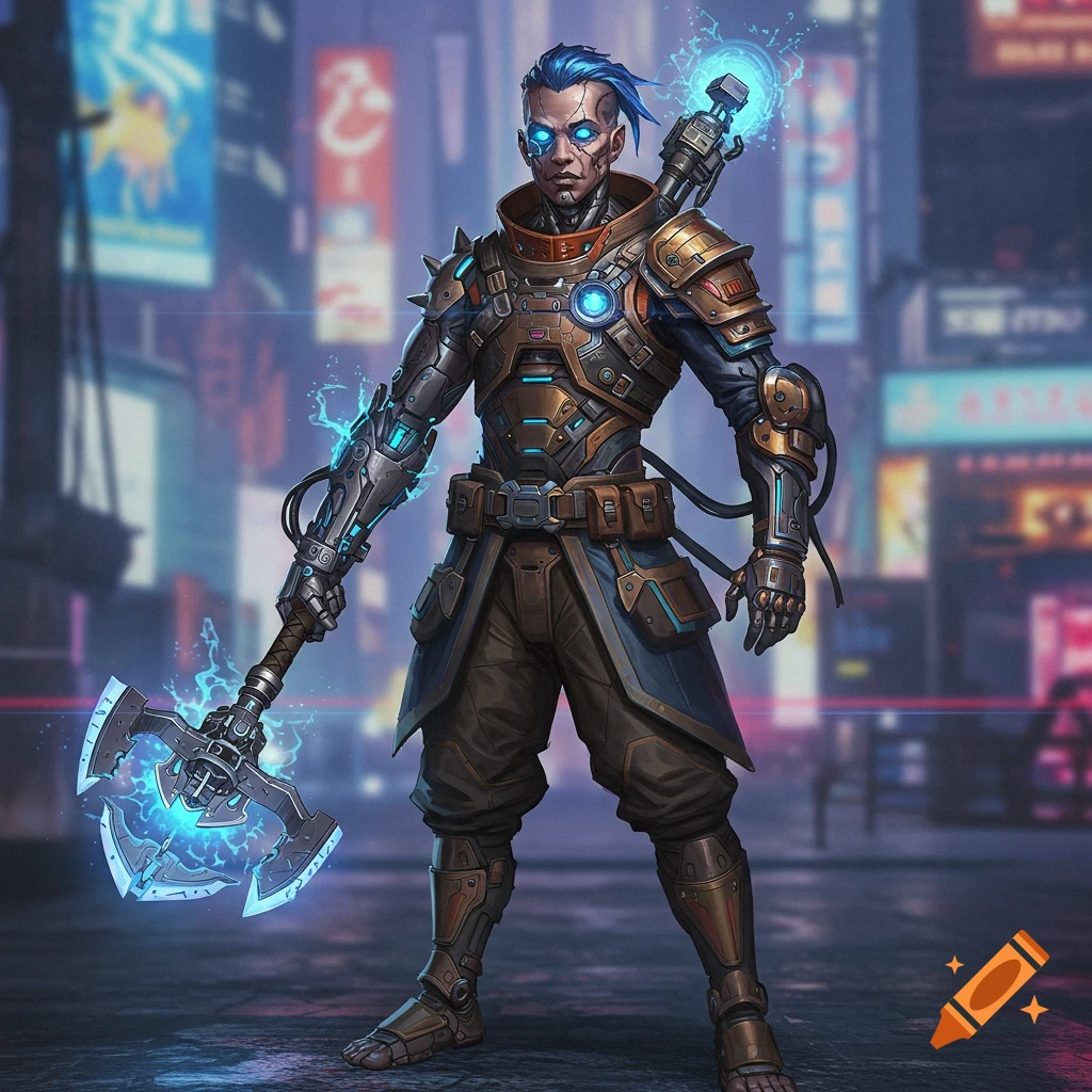A cybernetic warrior with blue hair and glowing eyes holds a glowing axe in a futuristic city at night.