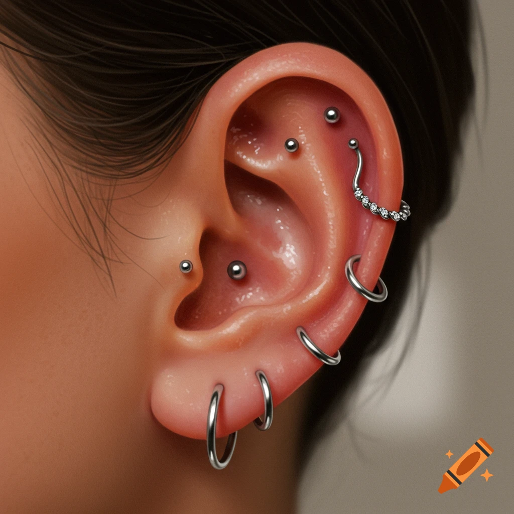 Close-up of an ear with multiple silver and diamond piercings, including a rook piercing and several hoop earrings.