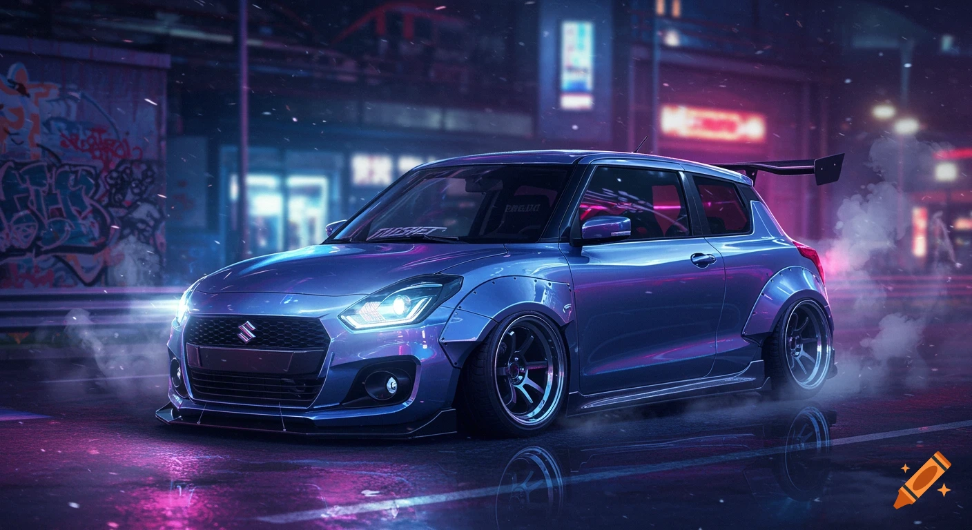 A customized blue Suzuki Swift widebody car parked on a wet city street at night, illuminated by neon lights with a cyberpunk aesthetic.