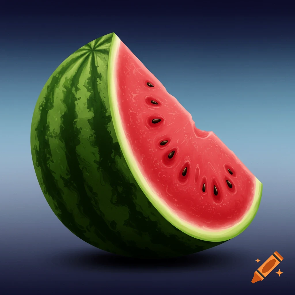 A vibrant digital illustration of a watermelon slice with a bite taken out, set against a blue background.
