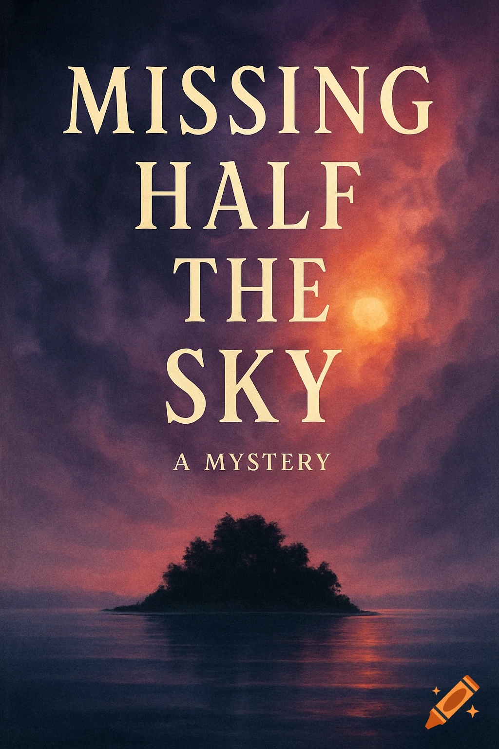 A dramatic book cover features a dark island in water under a fiery sunset sky with clouds. The title "MISSING HALF THE SKY" and "A MYSTERY" are in serif font.