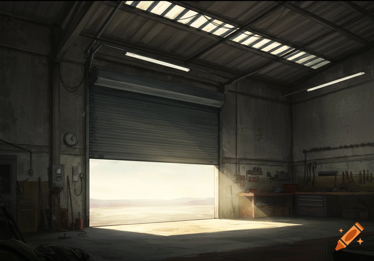 An artistic illustration of the inside of a dusty garage with a large open shutter door revealing a bright desert landscape outside.