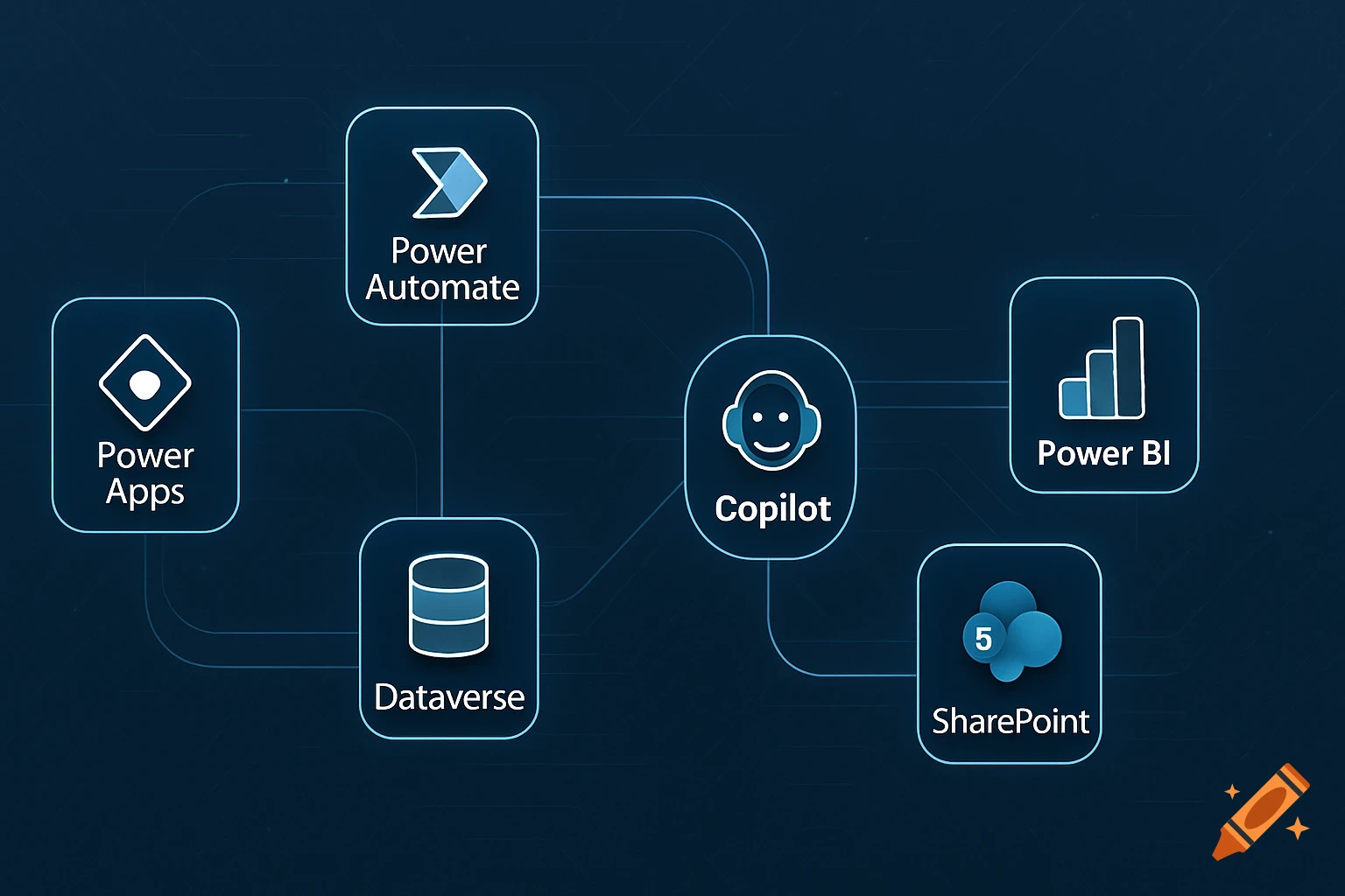 A tech diagram showing interconnected Microsoft Power Platform components: Power Apps, Power Automate, Copilot, Power BI, Dataverse, and SharePoint.