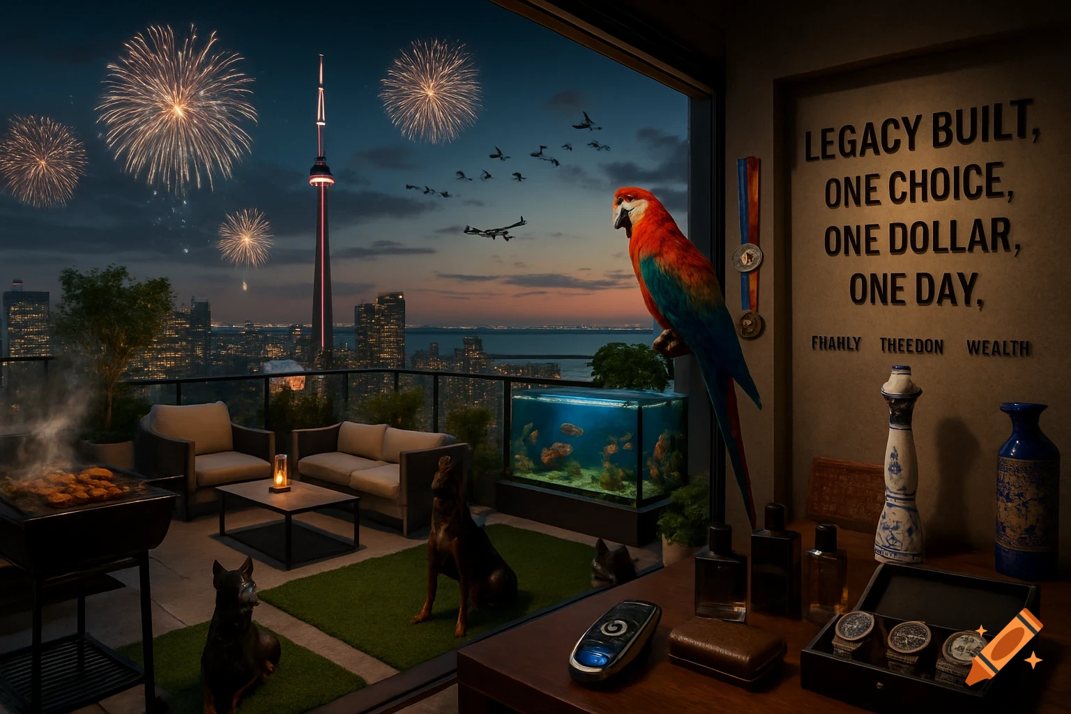 A photorealistic high-rise penthouse balcony with a city skyline, CN Tower, and fireworks at dusk. It features a BBQ, an aquarium, a macaw, and two dogs. On a table indoors are luxury watches, colognes, and a car key. A motivational quote is on the wall.