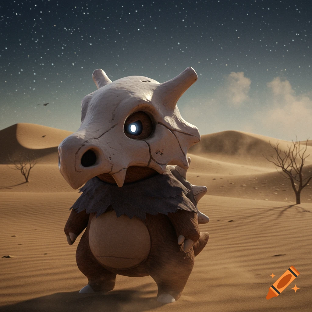 A hyperrealistic Cubone stands in a sandy desert under a starry night sky.