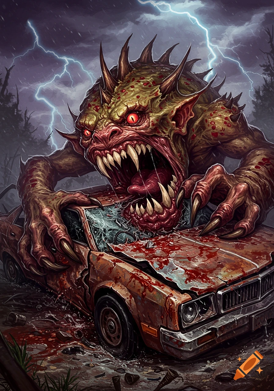 A monstrous, spiky green creature with red eyes and sharp teeth rips apart a rusty car in a stormy, dark landscape.