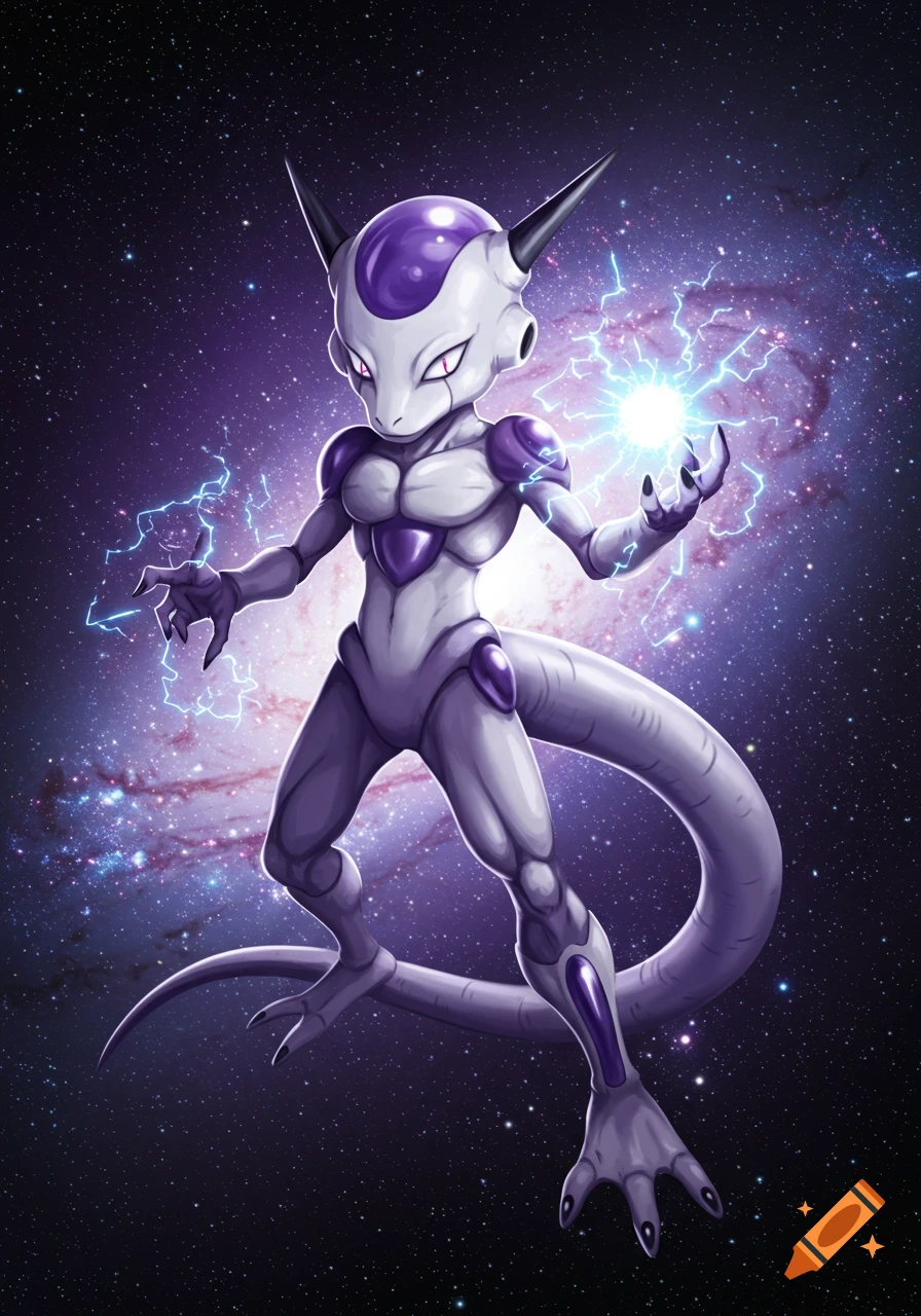 A purple and white creature, a fusion of a Pokemon and Frieza, generating blue lightning in a cosmic galaxy background.