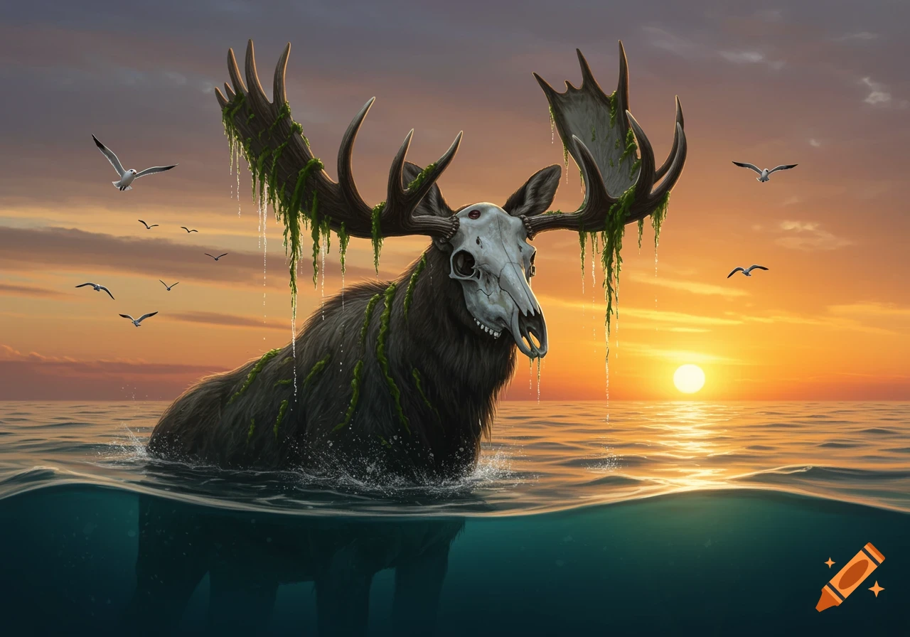 Enormous dark moose with a skull face and seaweed-draped antlers emerges from the ocean at sunset with flying gulls. Photorealistic digital art.