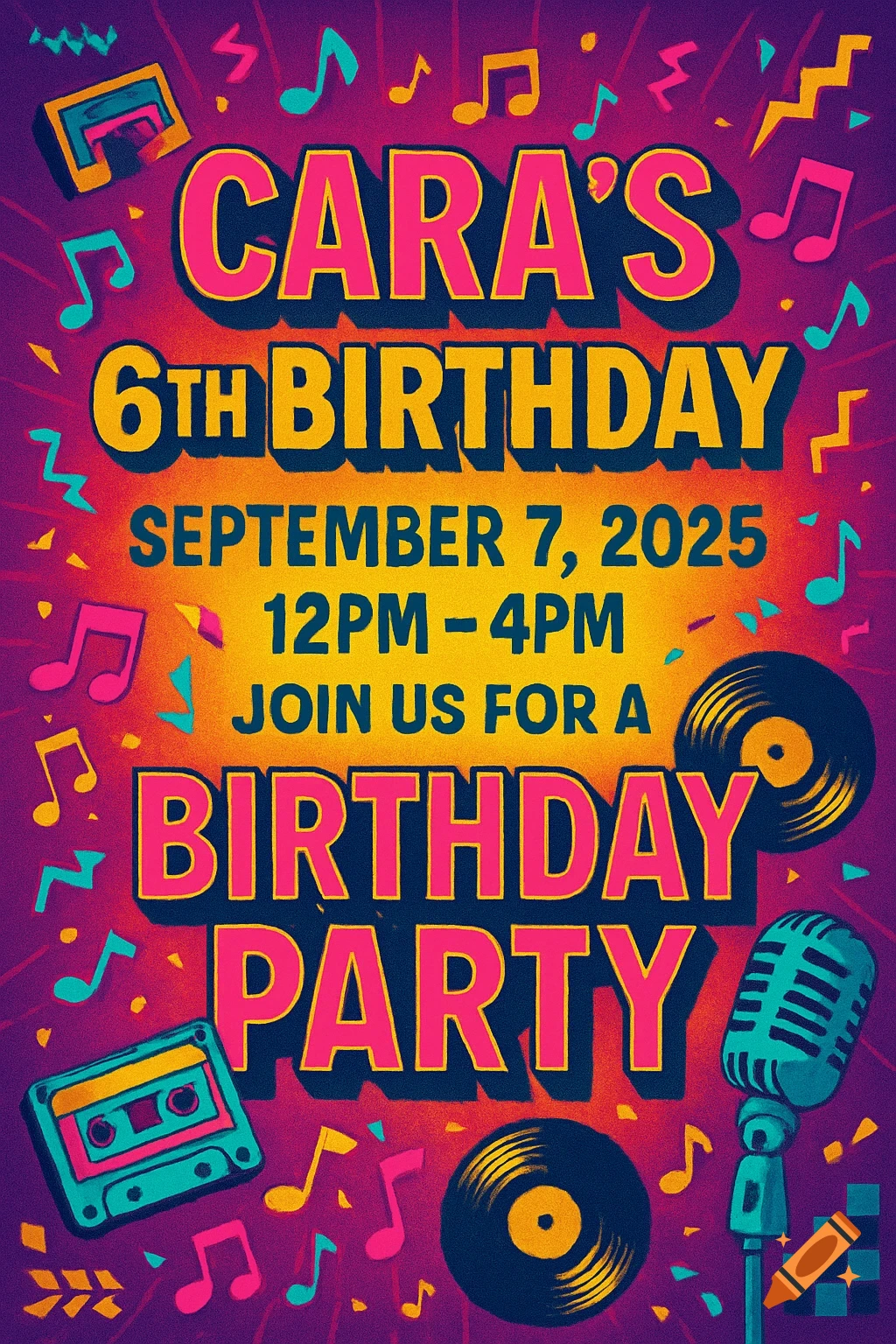 A vibrant 80s music festival themed birthday invitation with bold text for Cara's 6th birthday, featuring musical notes, records, a cassette tape, and a microphone.