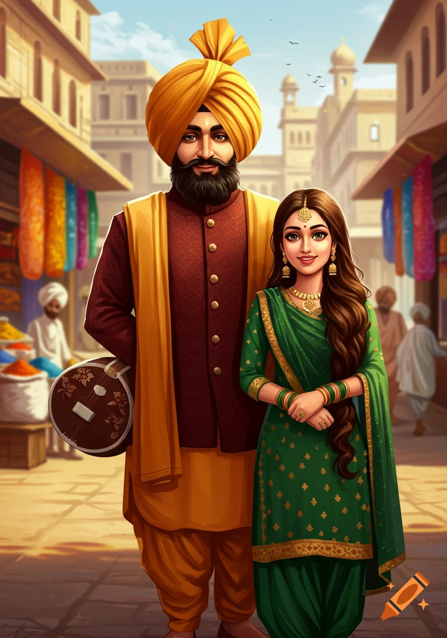 An illustration of a Punjabi man with a turban and a woman in green traditional attire, standing in a market.