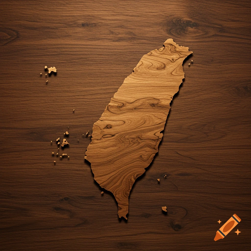 A map of Taiwan carved from light-colored wood, resting on a darker wooden surface.