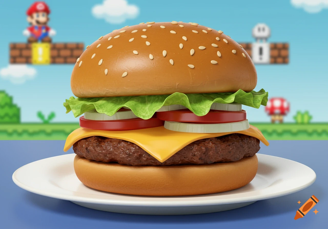 A photorealistic burger on a white plate with a blurry Super Mario Bros. game background featuring Mario and game elements.