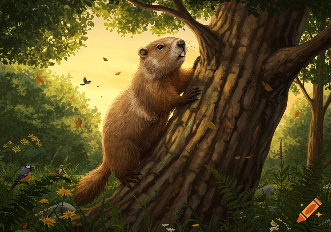 A brown groundhog climbs a large tree trunk in a lush, sunlit forest with green leaves and yellow flowers.