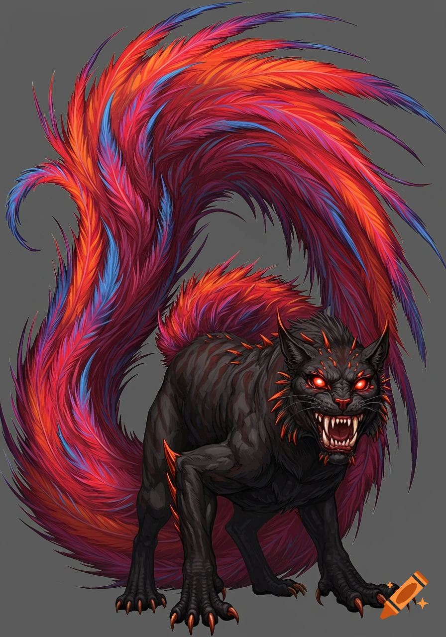A fierce black cat-like monster with glowing red eyes, sharp teeth, and a large, colorful feathered tail.