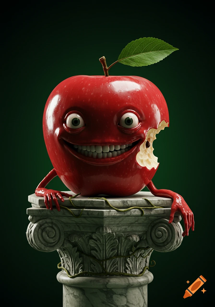 A creepy, red, anthropomorphic apple with a wide, toothy grin sits on a marble pillar, a bite taken out of its side.
