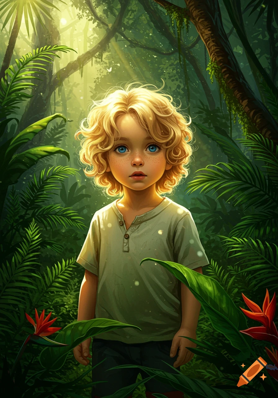 A blond boy with blue eyes standing in a lush, sunlit jungle, in an illustrative style.