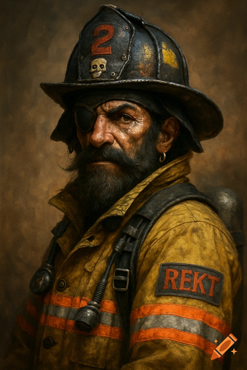 An artistic portrait of a rugged man with a beard and eyepatch, wearing a yellow firefighter uniform with a helmet and a 'REKT' patch.