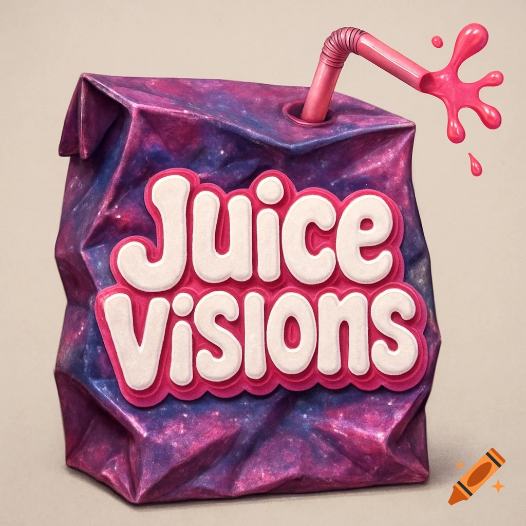 A crumpled juice box with a pink and purple galaxy design. A pink bent straw is squirting out juice. The box has 'Juice Visions' in white and pink bubble letters.