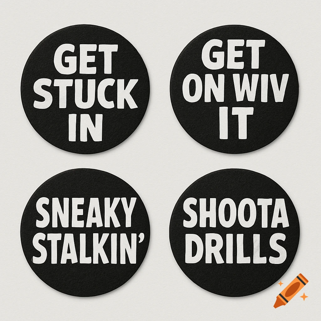 Four black circular coasters with white bold text: Get Stuck In, Get on Wiv It, Sneaky Stalkin', Shoota Drills.