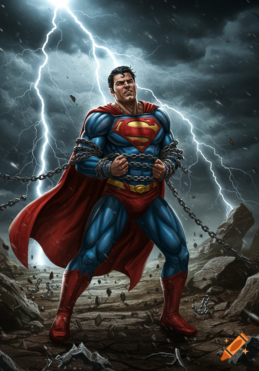 Comic book illustration of Superman, bound by chains, straining under a lightning-filled, stormy sky on broken ground.