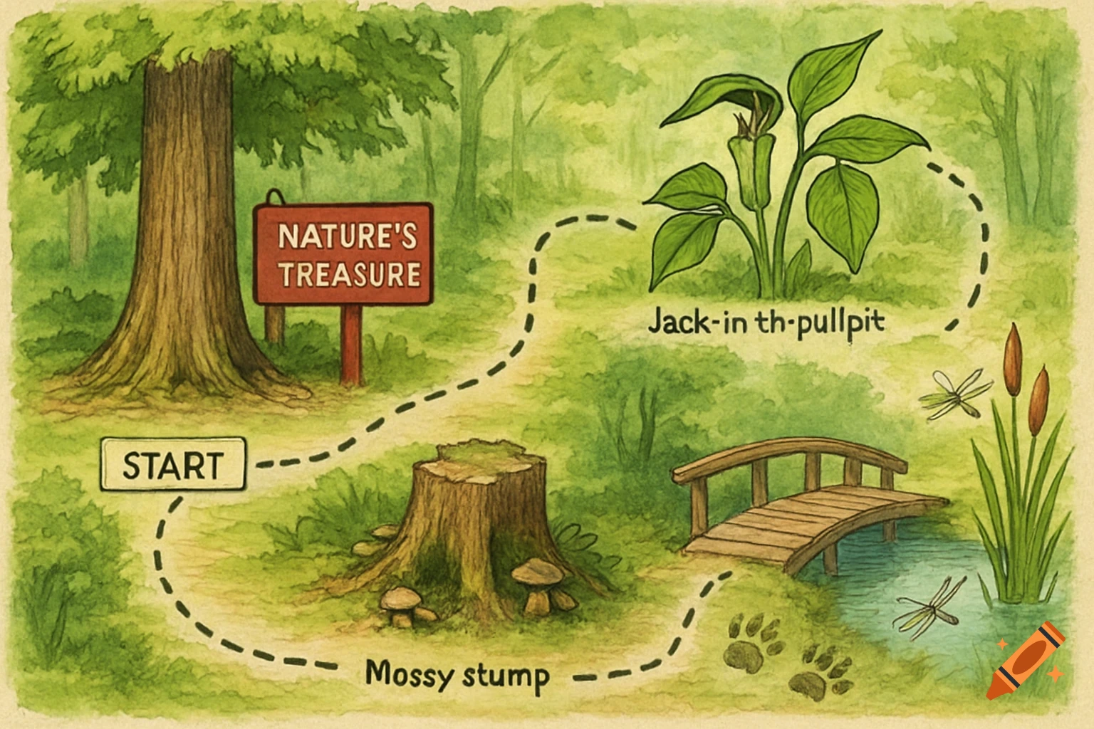 An illustrated nature treasure map with a dashed path leading from a "START" sign by a tree, past a "Mossy stump", a "Jack-in th-pullpit" plant, a wooden bridge over water with dragonflies and cattails, and raccoon paw prints, all in a forest setting.