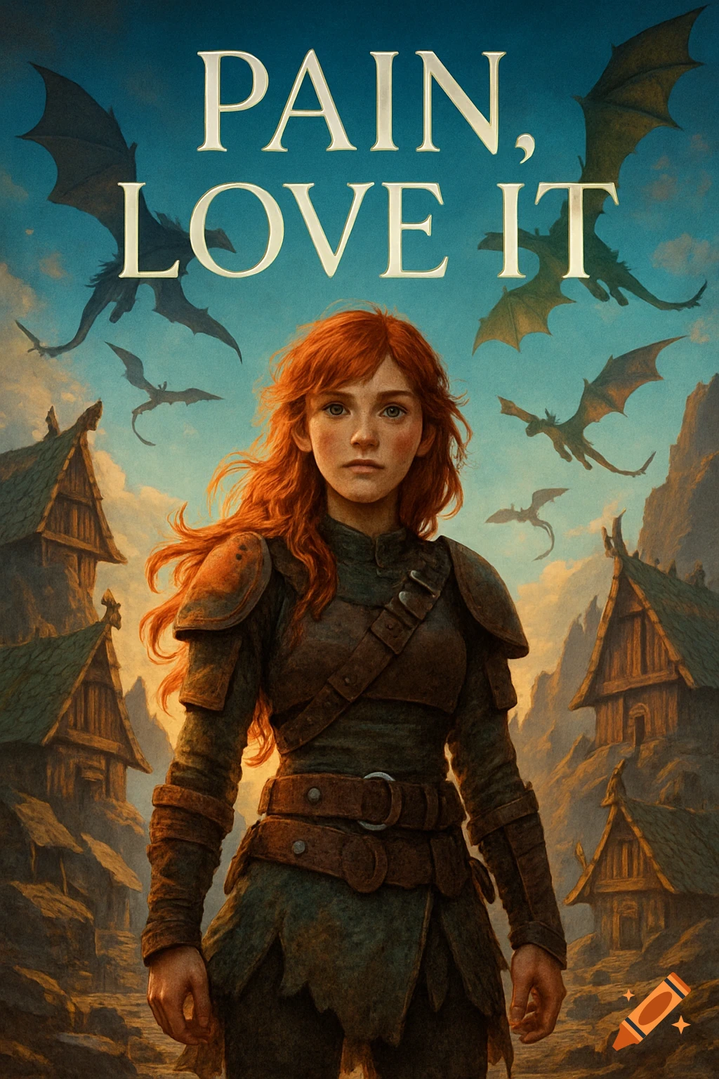 Book cover illustration featuring a red-haired woman in armor, dragons flying above, and a village, with the title 'Pain, Love It'.