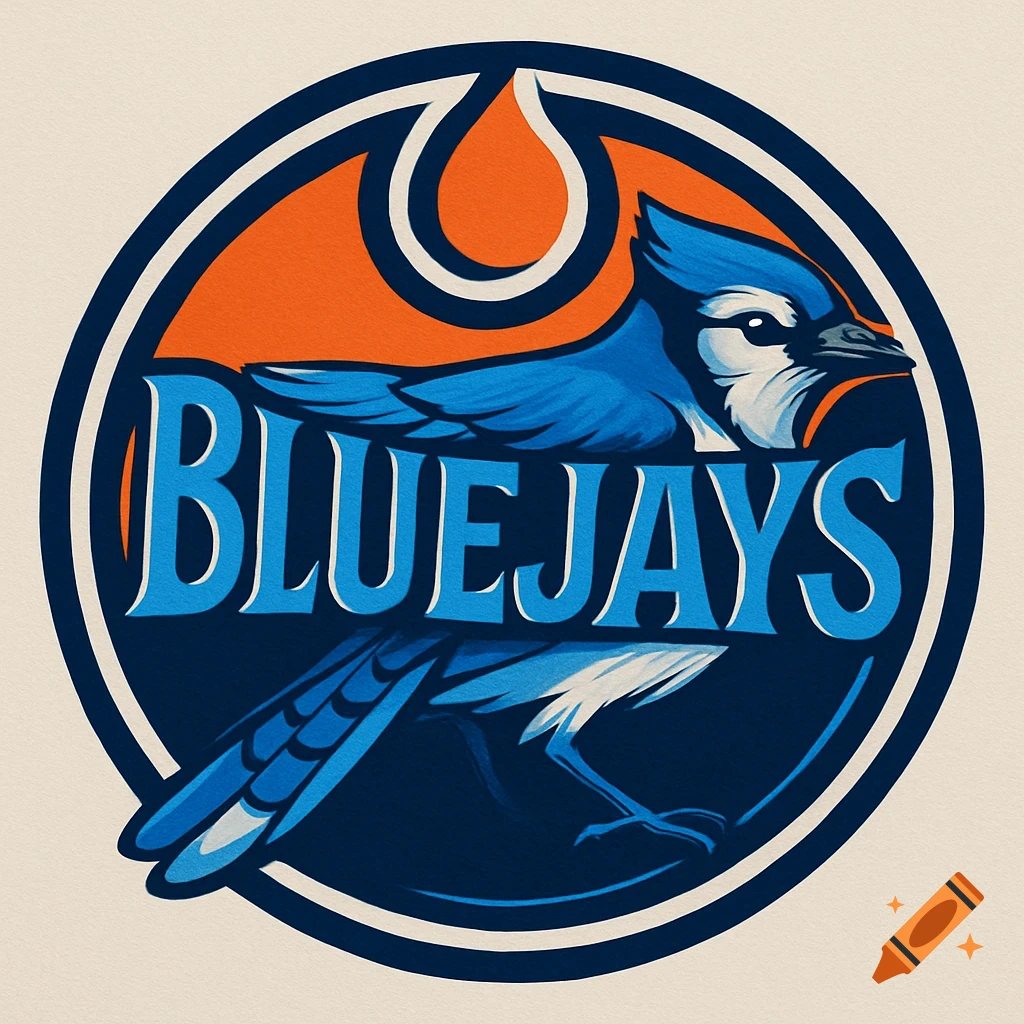 A circular logo featuring a stylized blue jay, text 'BLUEJAYS', in blue, orange, and dark blue, on a light background.