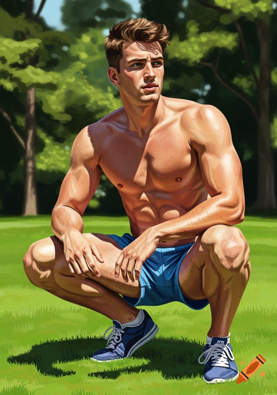 Stylized illustration of a shirtless, muscular young man in blue shorts and sneakers squatting on green grass in a park.