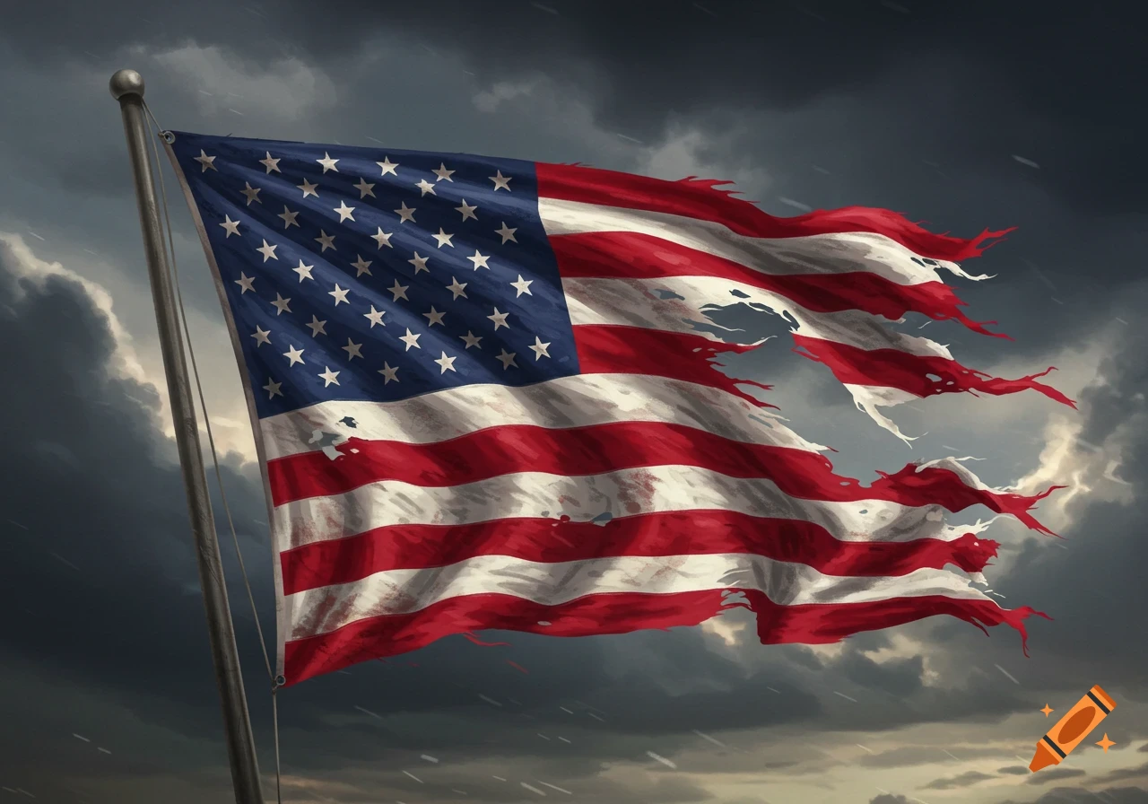 A tattered American flag with torn stripes and a field of stars waves against a dramatic, stormy sky.