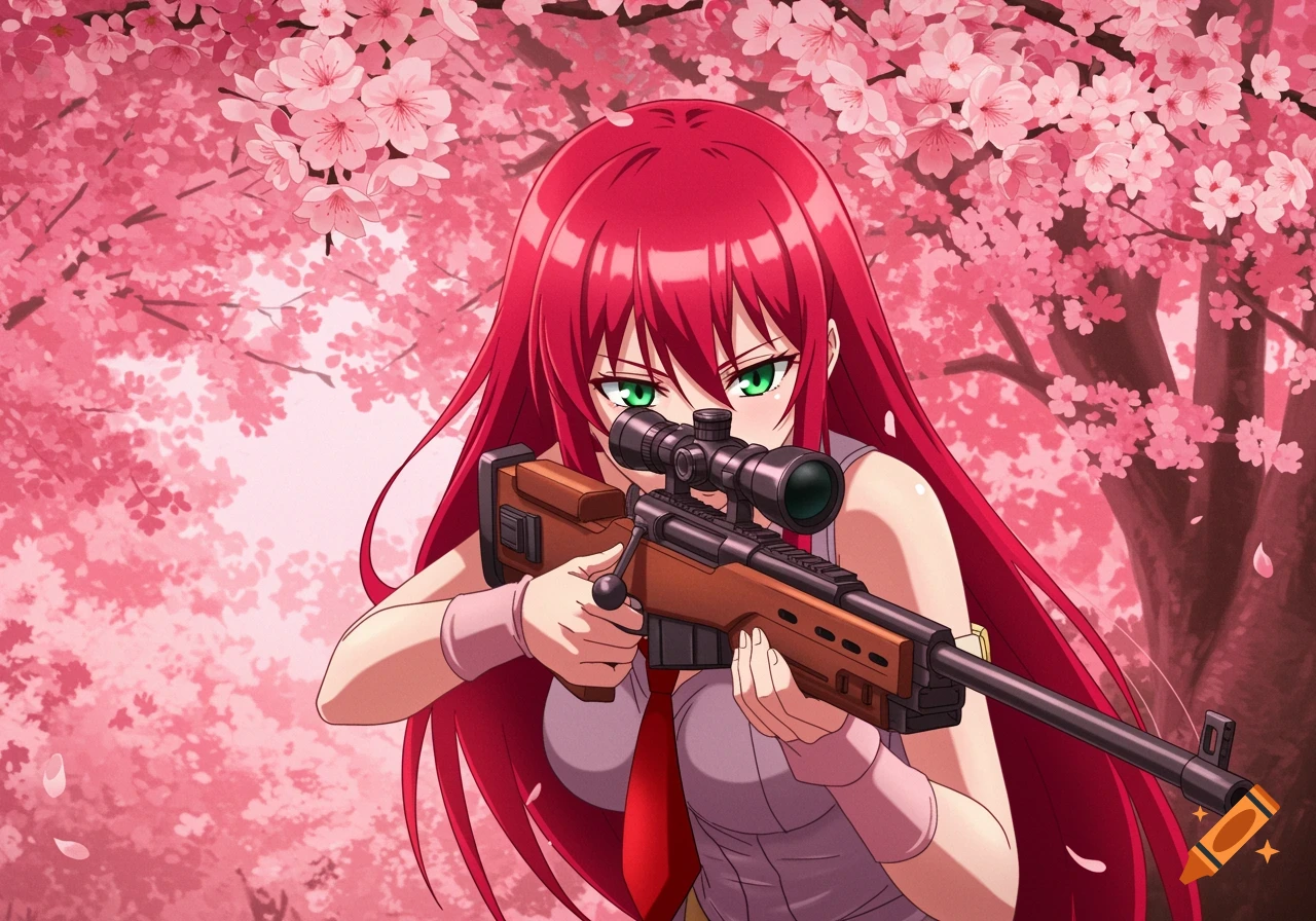 An anime girl with long red hair and green eyes aims a sniper rifle under a pink cherry blossom tree.