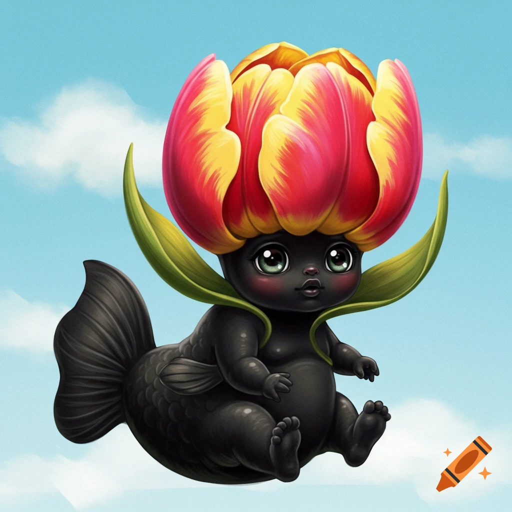A cute, black fish-baby with large green eyes and rosy cheeks floats, wearing a bright red and yellow tulip on its head against a blue sky.
