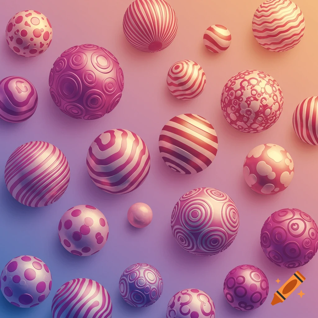 Collection of colorful, patterned spheres with stripes, dots, and circles against a pink and purple gradient background.