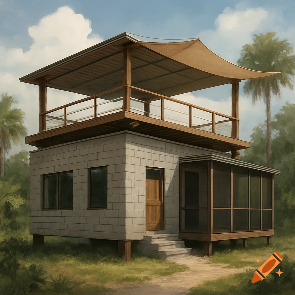 A two-story building with a light gray block base, a wooden screened porch, and an upper wooden deck with a large curved canvas shade.