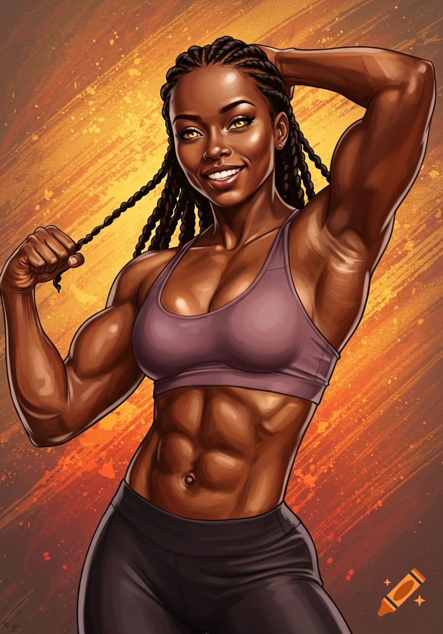 Stylized illustration of a smiling, muscular Black woman in a sports bra and leggings flexing her arms against an orange background.