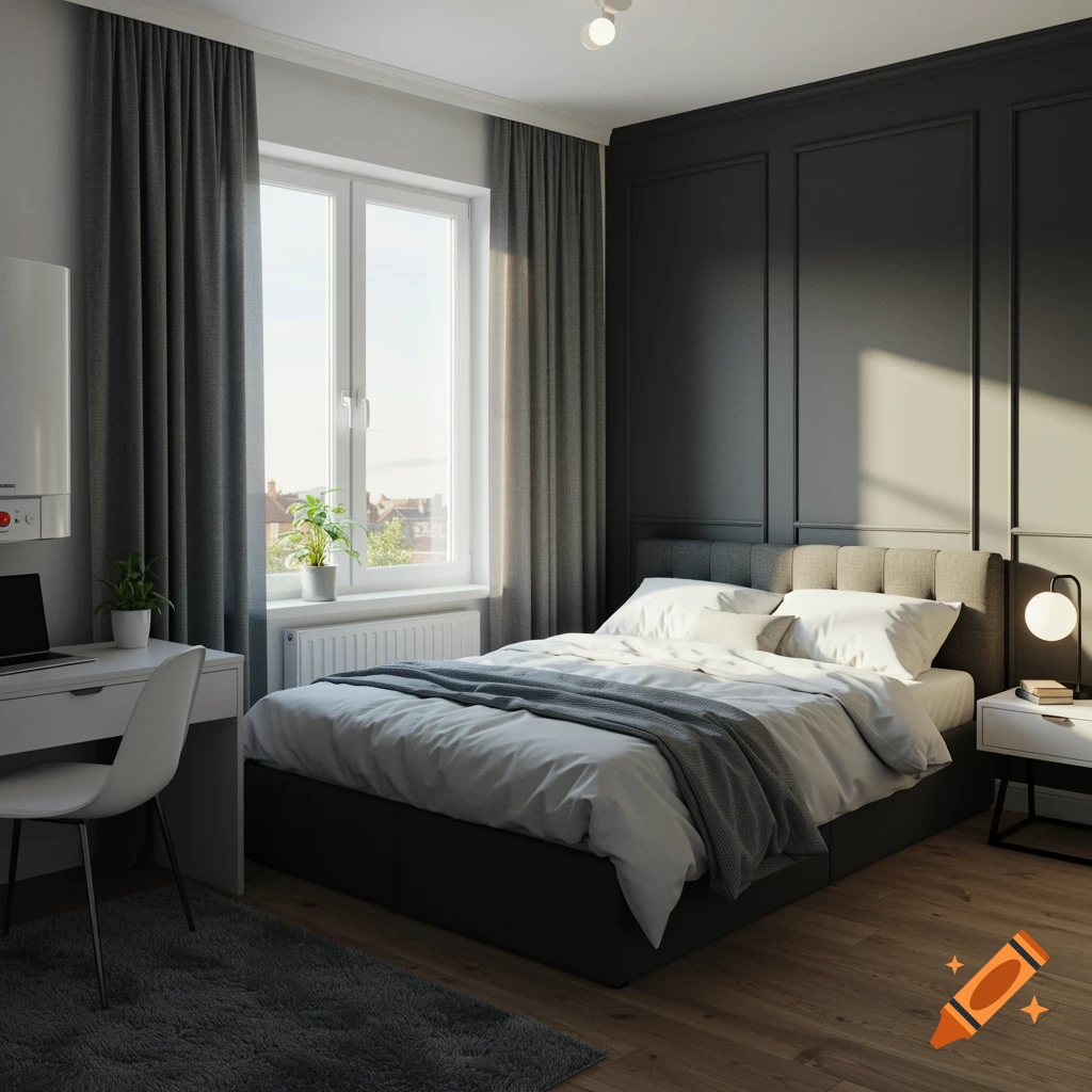 A modern bedroom with a grey bed, white desk, and dark grey paneled feature wall, rendered in a photorealistic style.