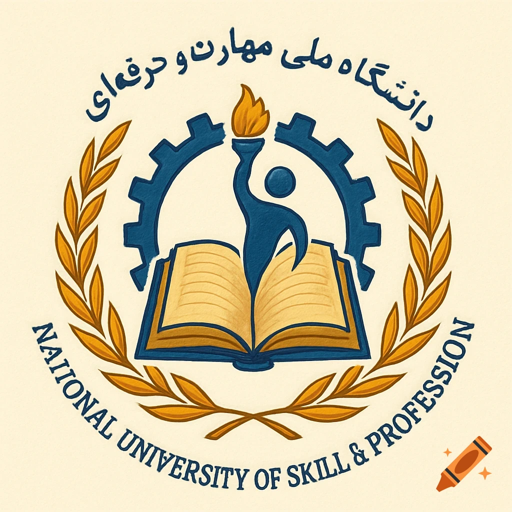 A circular university logo with a blue torch, stylized person, open book, and gear, surrounded by gold laurel branches and text in Persian and English.