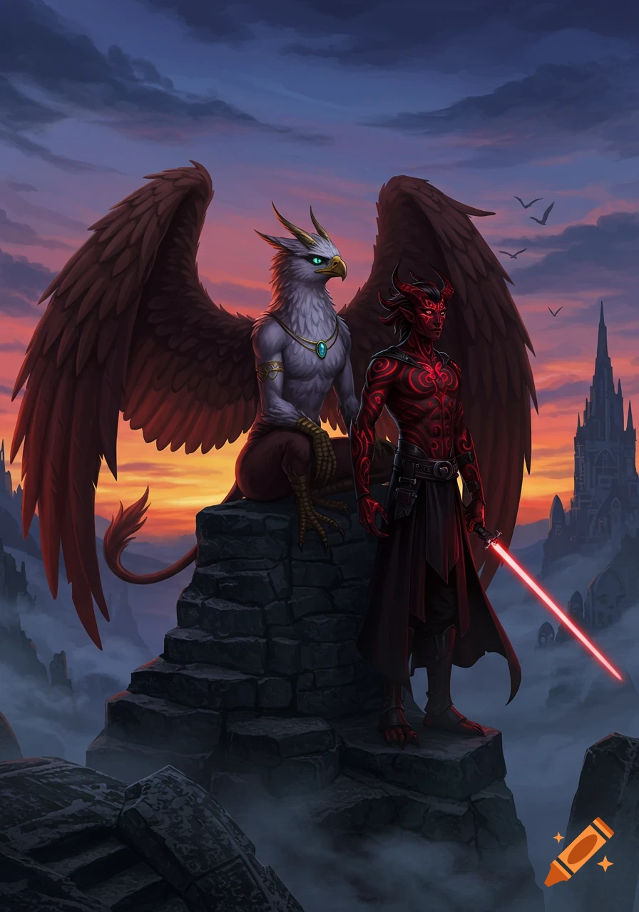 A griffon and a red-skinned humanoid holding a lightsaber stand on a rocky peak overlooking a misty, castle-filled landscape at sunset, digital art.