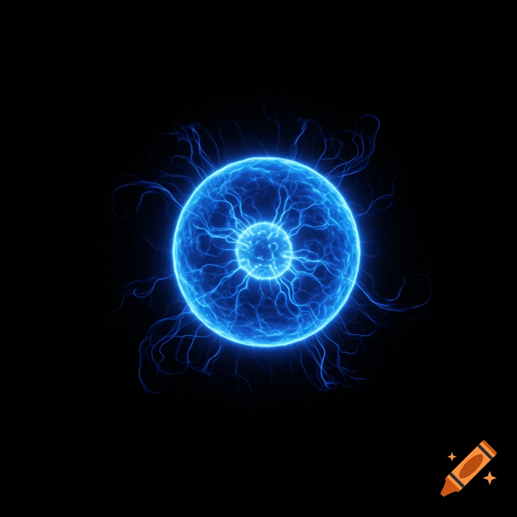 A glowing blue plasma orb with electrical tendrils on a black background.