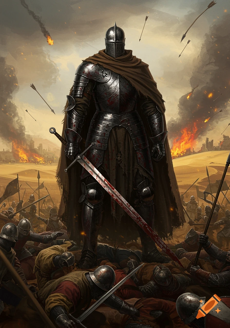 Tall armored knight with a bloody sword stands over fallen bodies on a burning battlefield under an orange sky, arrows flying. Fantasy illustration.
