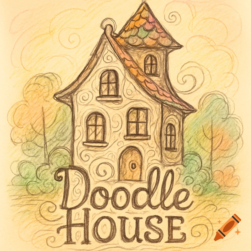 A whimsical colored pencil doodle drawing of a house with 'Doodle House' text.