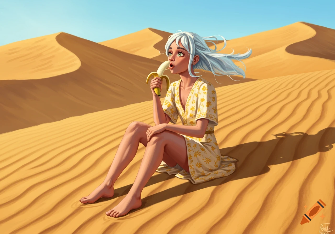 Illustrated young woman with white hair sitting in a sandy desert, eating a banana.