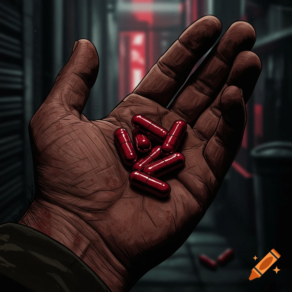 A hand holds several red capsules in a dark, gritty comic book style.