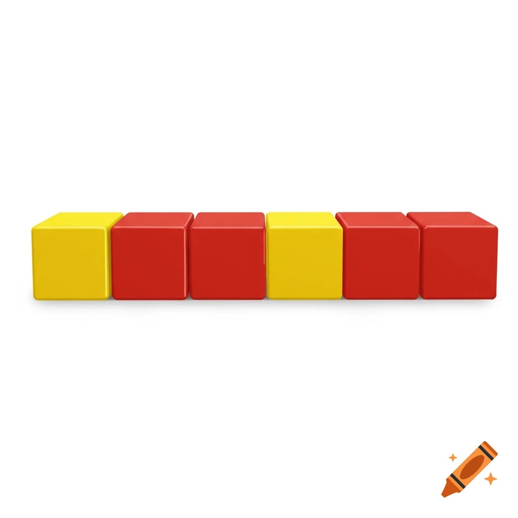 A row of six 3D rendered blocks, alternating yellow and red, on a white background.